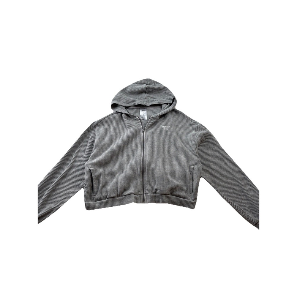 Reebok Women's Gray Waffle Knit Cropped Zip Hoodie Jacket Size L Athleisure Gym